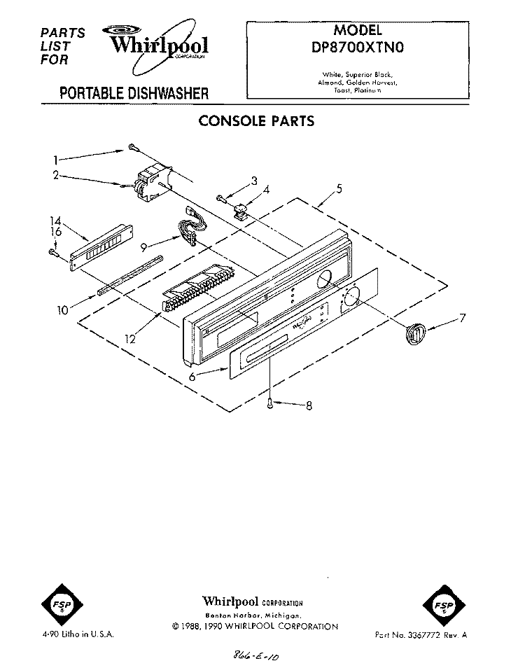 CONSOLE Diagram and Parts List for DP8700XTN0  Whirlpool Dishwasher