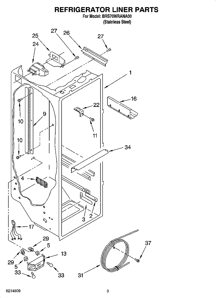 REFRIGERATOR LINER PARTS Diagram and Parts List for BRS70WRANA00  Whirlpool Refrigerator