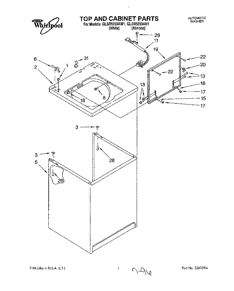 TOP AND CABINET, LIT/OPTIONAL Diagram and Parts List for GLSR5233AW1  Whirlpool Washer