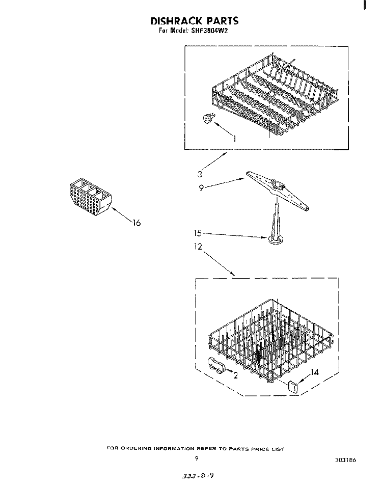 DISHRACK Diagram and Parts List for SHF3804W2  Whirlpool Dishwasher