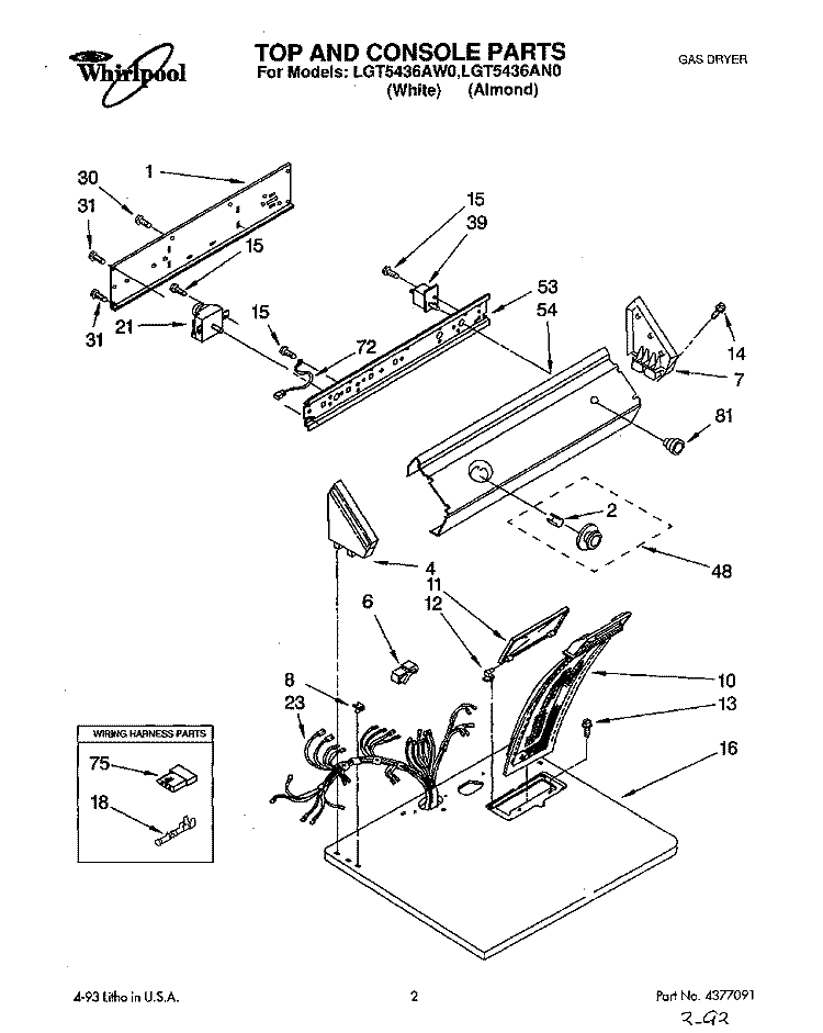 TOP AND CONSOLE, LIT/OPTIONAL Diagram and Parts List for LGT5436AW0  Whirlpool Dryer