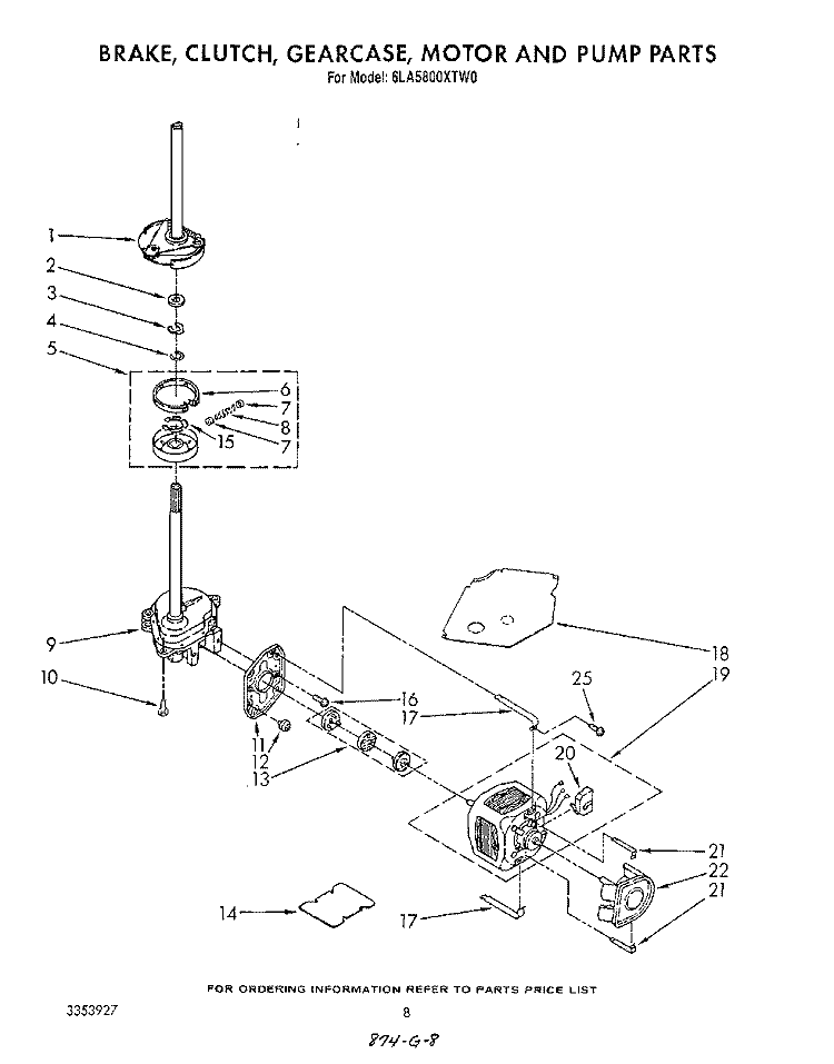 BRAKE, CLUTCH, GEARCASE, MOTOR AND PUMP Diagram and Parts List for 6LA5800XTM0  Whirlpool Washer