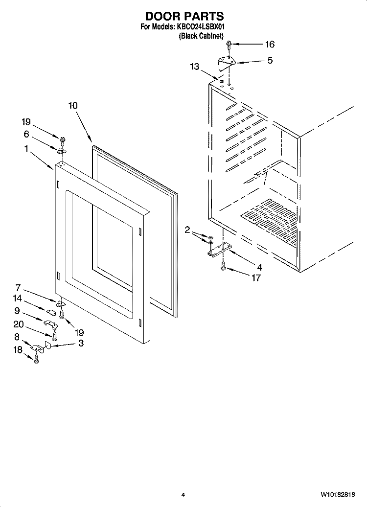 DOOR PARTS Diagram and Parts List for KBCO24LSBX01  KitchenAid Wine and Beverage Cooler
