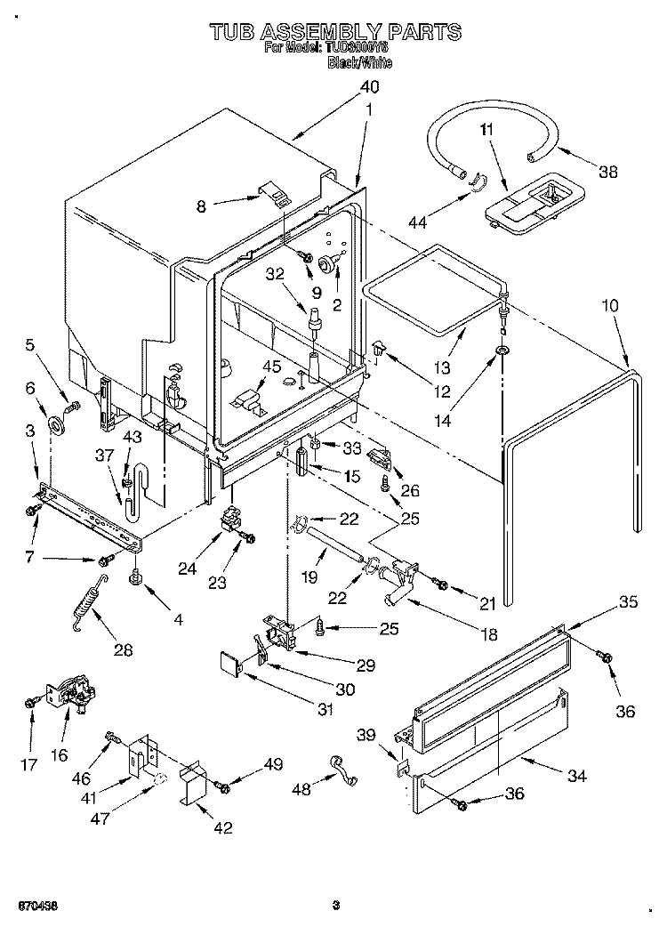 TUB ASSEMBLY Diagram and Parts List for TUD3000Y6  Whirlpool Dishwasher