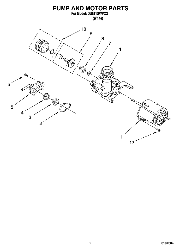 PUMP AND MOTOR PARTS Diagram and Parts List for DU811SWPQ3  Whirlpool Dishwasher