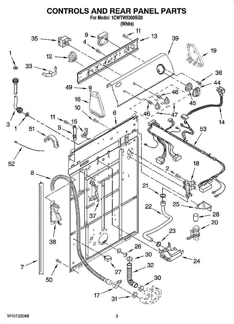 CONTROLS AND REAR PANEL PARTS Diagram and Parts List for 1CWTW5300SQ0  Whirlpool Washer