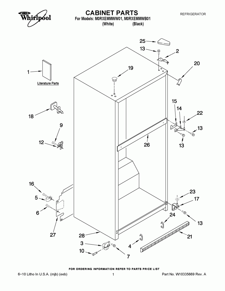 CABINET PARTS Diagram and Parts List for M0RXEMMWB01  Whirlpool Refrigerator