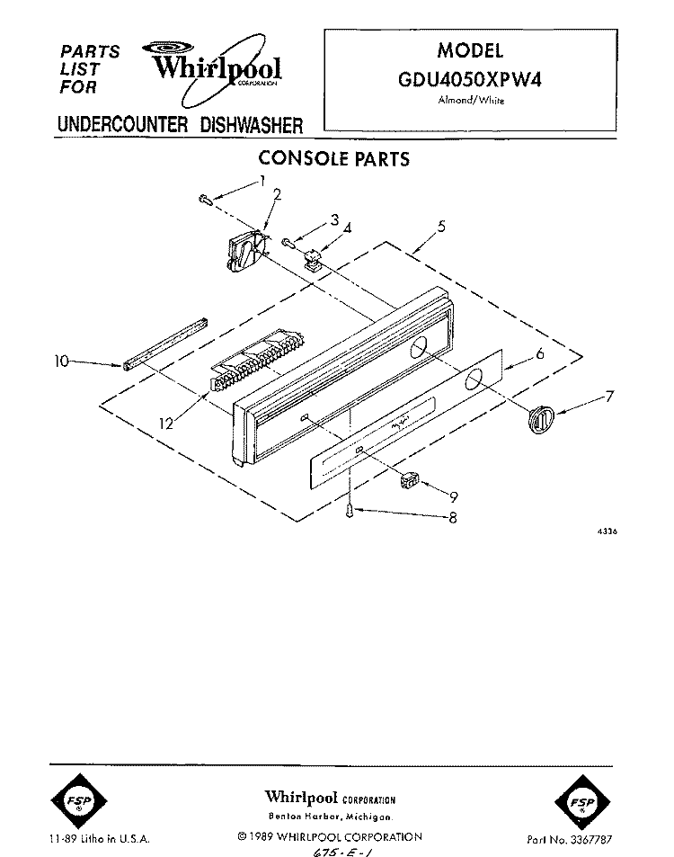 CONSOLE Diagram and Parts List for GDU4050XPW4  Whirlpool Dishwasher