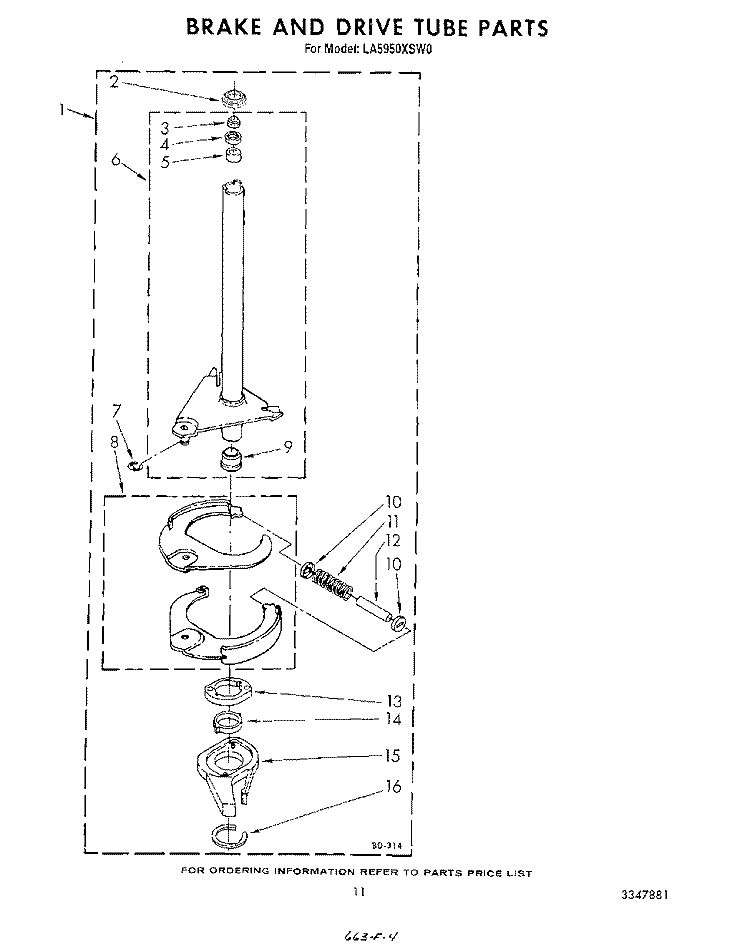 BRAKE AND DRIVE TUBE Diagram and Parts List for LA5950XSW0  Whirlpool Washer