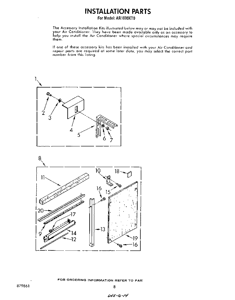 INSTALLATION Diagram and Parts List for AR1000XT0  Whirlpool Air Conditioner