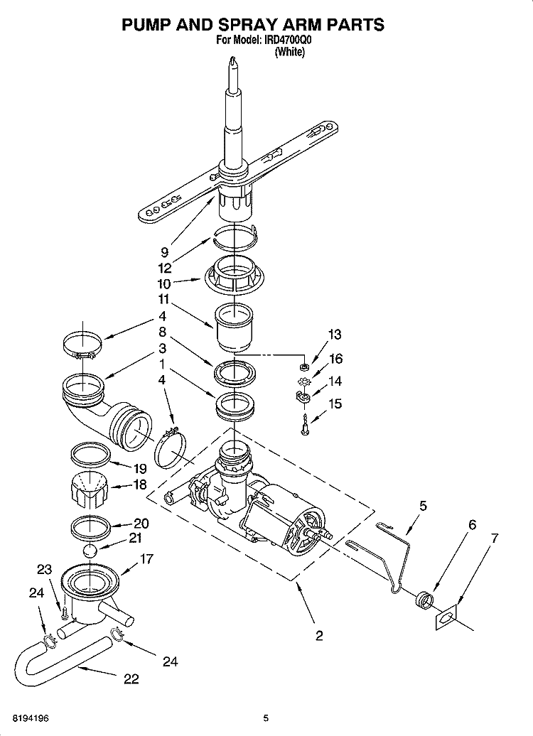 PUMP AND SPRAY ARM PARTS Diagram and Parts List for IRD4700Q0  Inglis Dishwasher