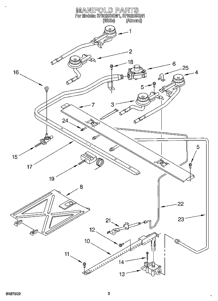 MANIFOLD Diagram and Parts List for SF3020SGN1  Whirlpool Range