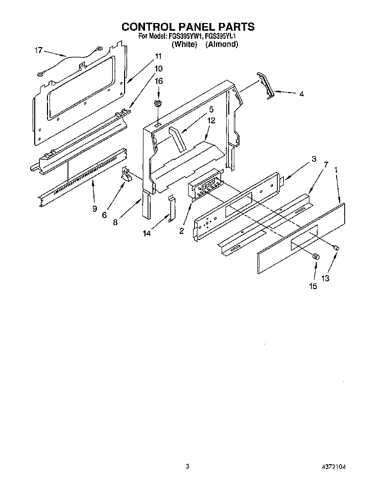 CONTROL PANEL Diagram and Parts List for FGS395YW1  Roper Range