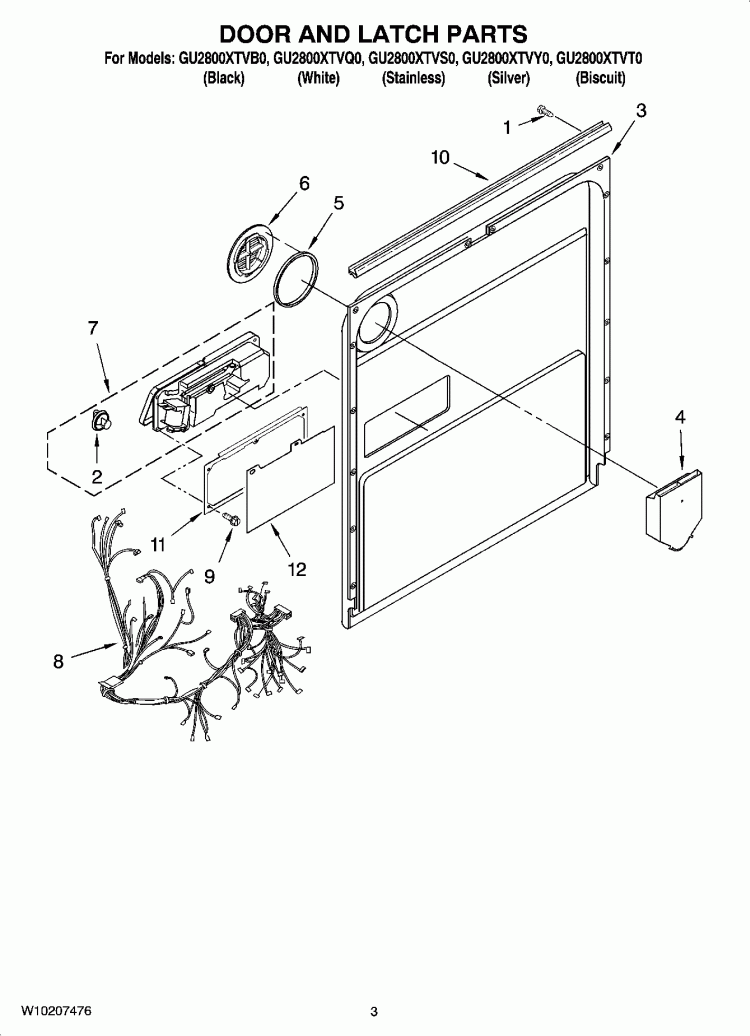 DOOR AND LATCH PARTS Diagram and Parts List for GU2800XTVB0  Whirlpool Dishwasher