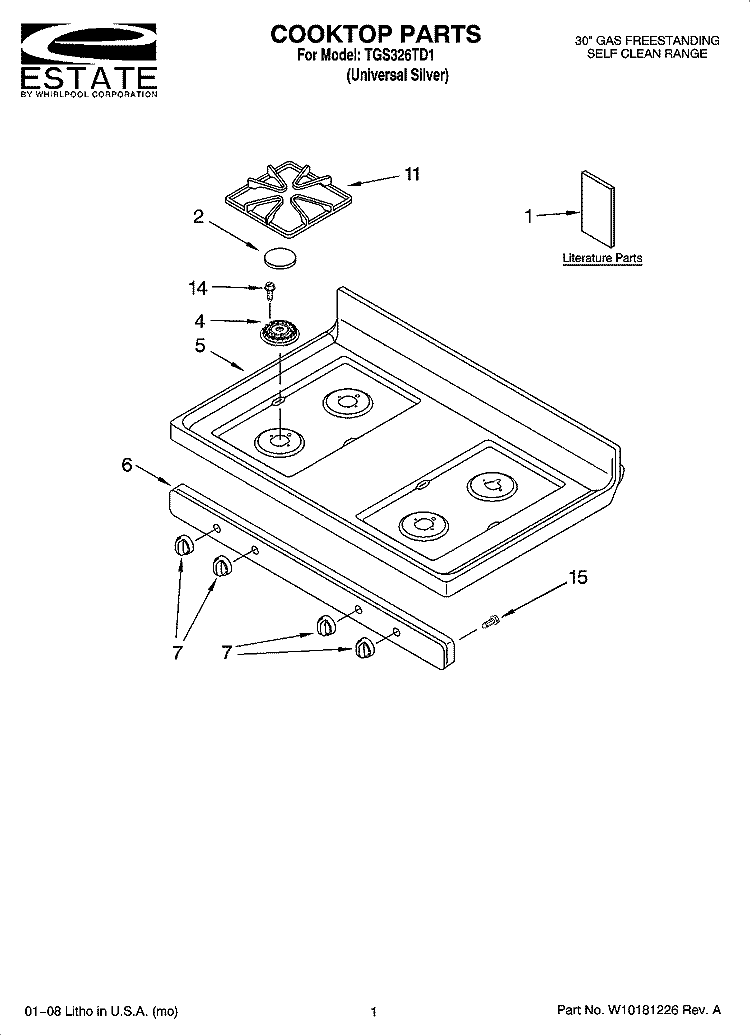 COOKTOP PARTS Diagram and Parts List for TGS326TD1  Estate Range