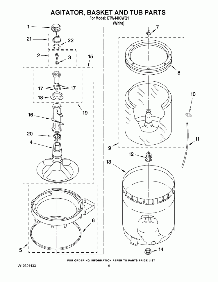 AGITATOR, BASKET AND TUB PARTS Diagram and Parts List for ETW4400WQ1  Estate Washer