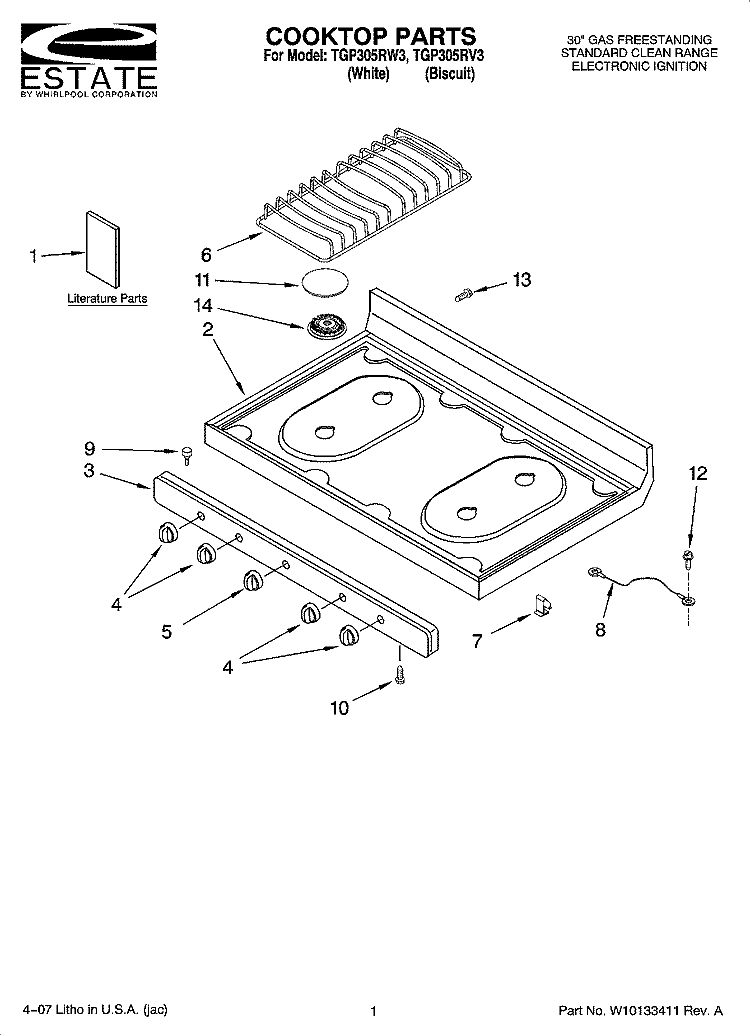 COOKTOP PARTS Diagram and Parts List for TGP305RW3  Estate Range