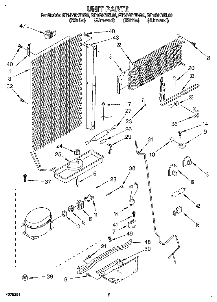 UNIT Diagram and Parts List for RT14VKXBW00  Roper Refrigerator