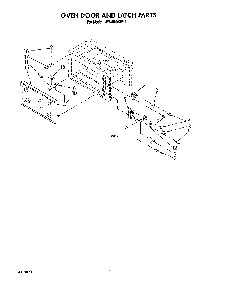 OVEN DOOR AND LATCH Diagram and Parts List for MW3600XW1  Whirlpool Microwave