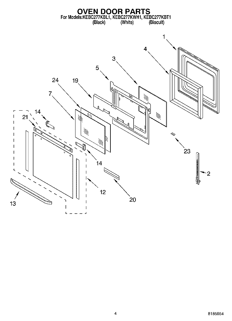 OVEN DOOR Diagram and Parts List for KEBC277KWH1  KitchenAid Wall Oven