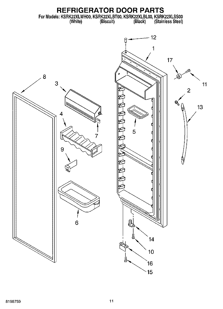 REFRIGERATOR DOOR PARTS Diagram and Parts List for KSRK22XLBT00  KitchenAid Refrigerator
