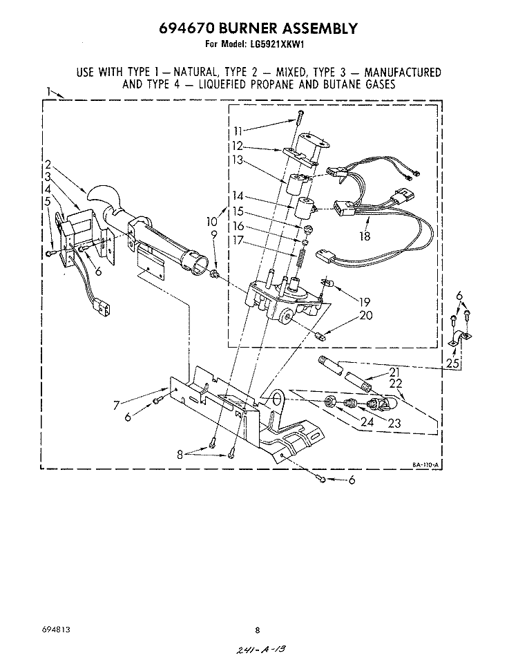 BURNER Diagram and Parts List for LG5921XKW1  Whirlpool Dryer