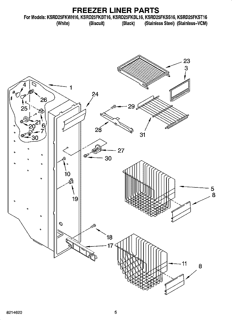 FREEZER LINER PARTS Diagram and Parts List for KSRD25FKBT16  KitchenAid Refrigerator