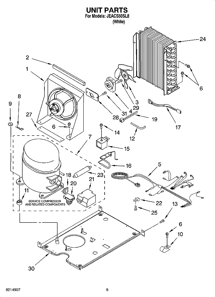 UNIT PARTS, OPTIONAL PARTS Diagram and Parts List for JEACS50SL8  Whirlpool Ice Maker