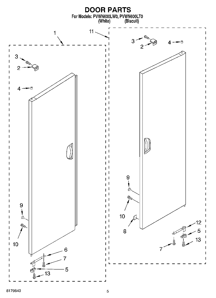 DOOR Diagram and Parts List for PVWN600LW0  Whirlpool Cabinet