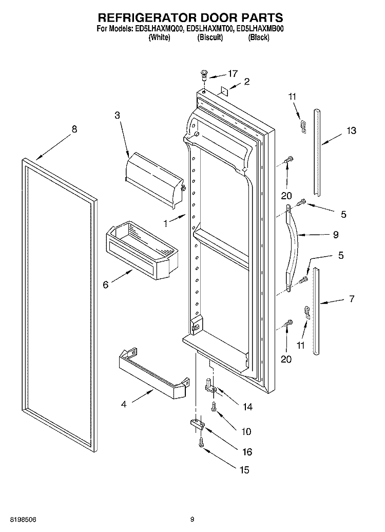 REFRIGERATOR DOOR PARTS Diagram and Parts List for ED5LHAXMB00  Whirlpool Refrigerator