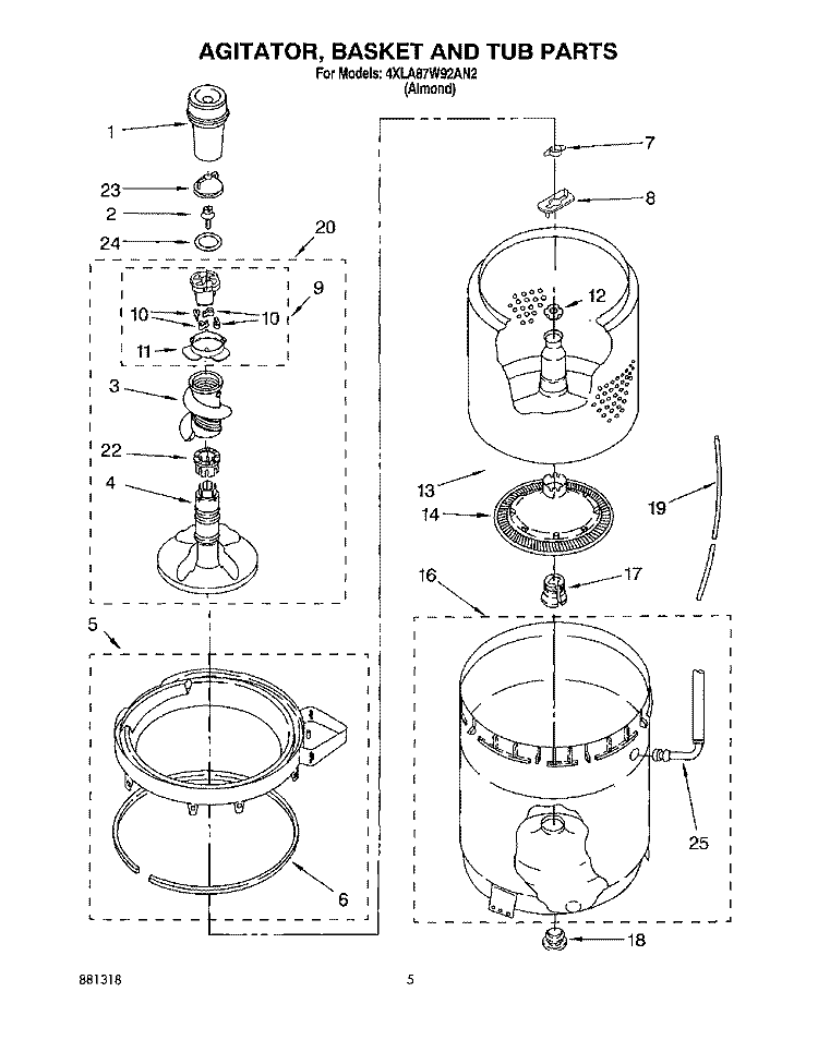 AGITATOR, BASKET AND TUB Diagram and Parts List for 4XLA87W92AN2  Whirlpool Washer