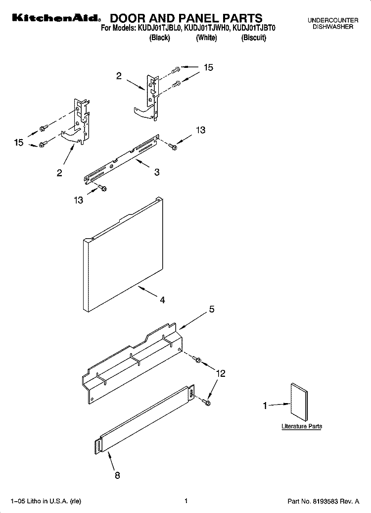 DOOR AND PANEL PARTS Diagram and Parts List for KUDJ01TJWH0  KitchenAid Dishwasher