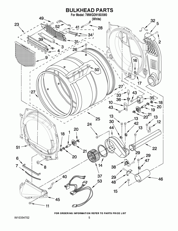 BULKHEAD PARTS Diagram and Parts List for 7MWGD9150XW0  Whirlpool Dryer