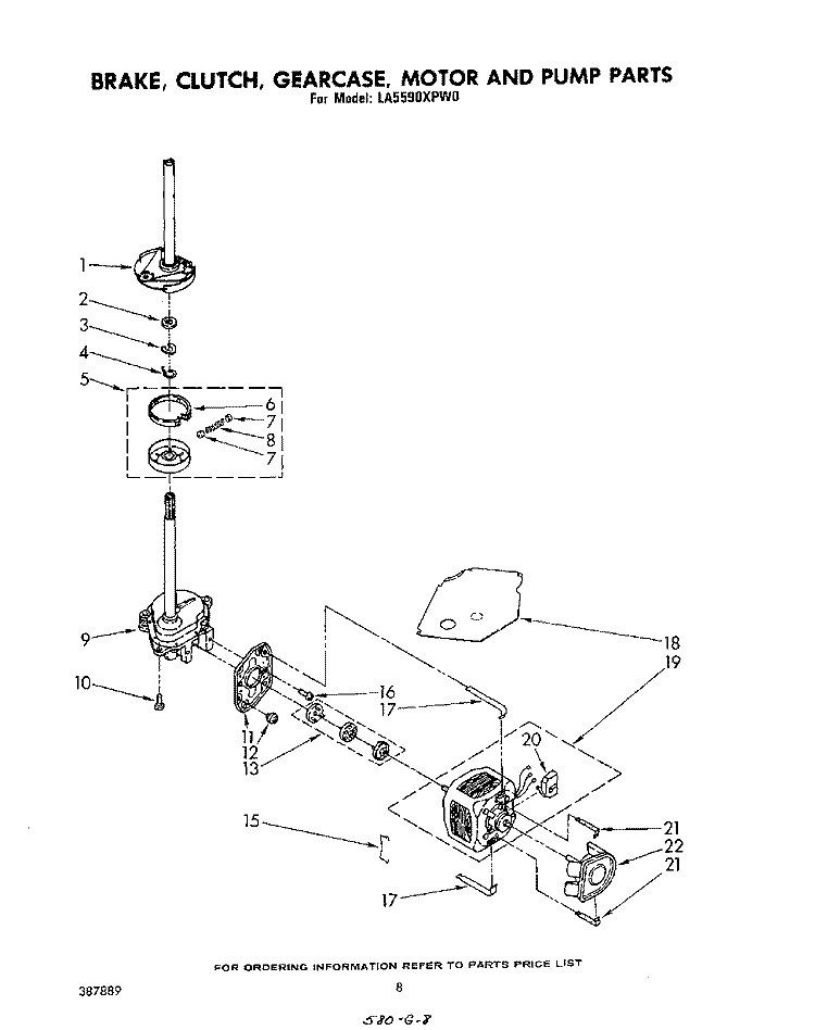 BRAKE, CLUTCH, GEARCASE, MOTOR AND PUMP Diagram and Parts List for LA5590XPW0  Whirlpool Washer