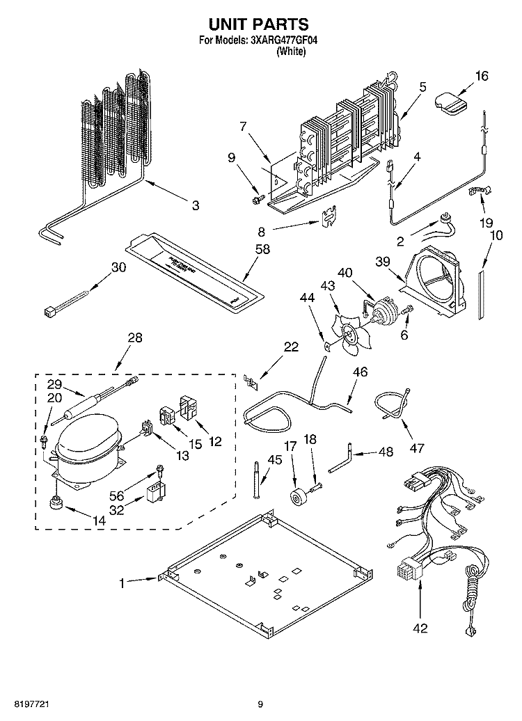 UNIT Diagram and Parts List for 3XARG477GF04  Whirlpool Refrigerator