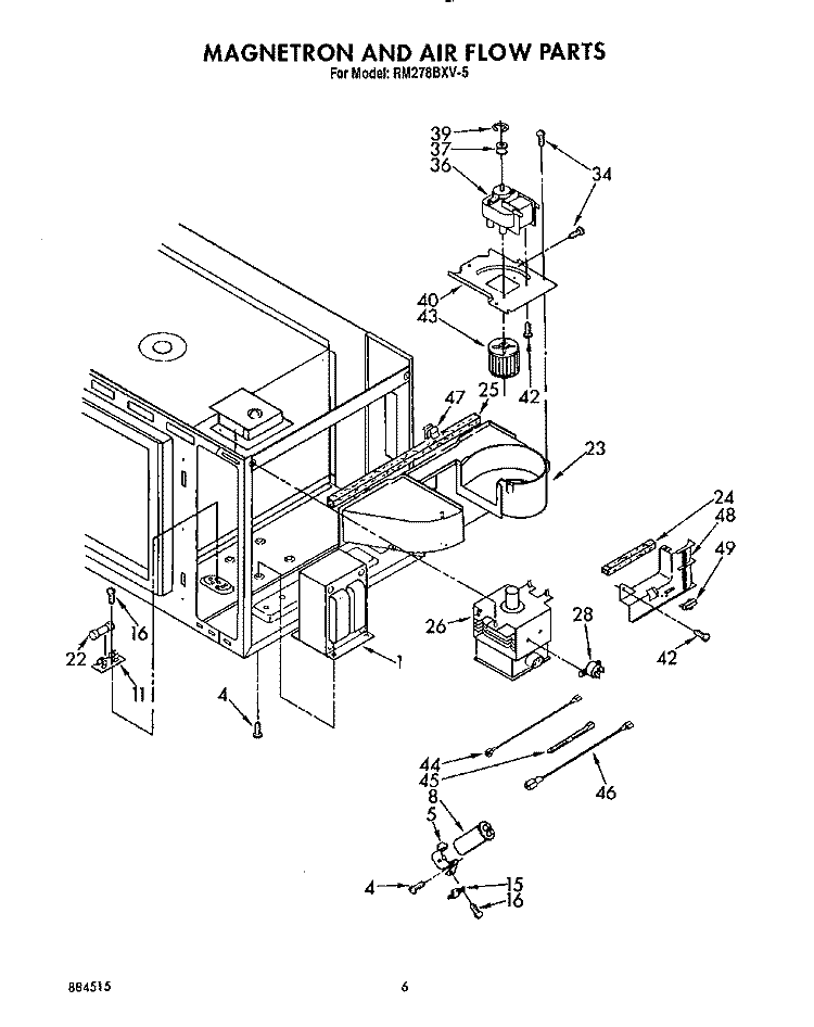 MAGNETRON AND AIR FLOW Diagram and Parts List for RM278BXV6  Whirlpool Microwave Oven Combo