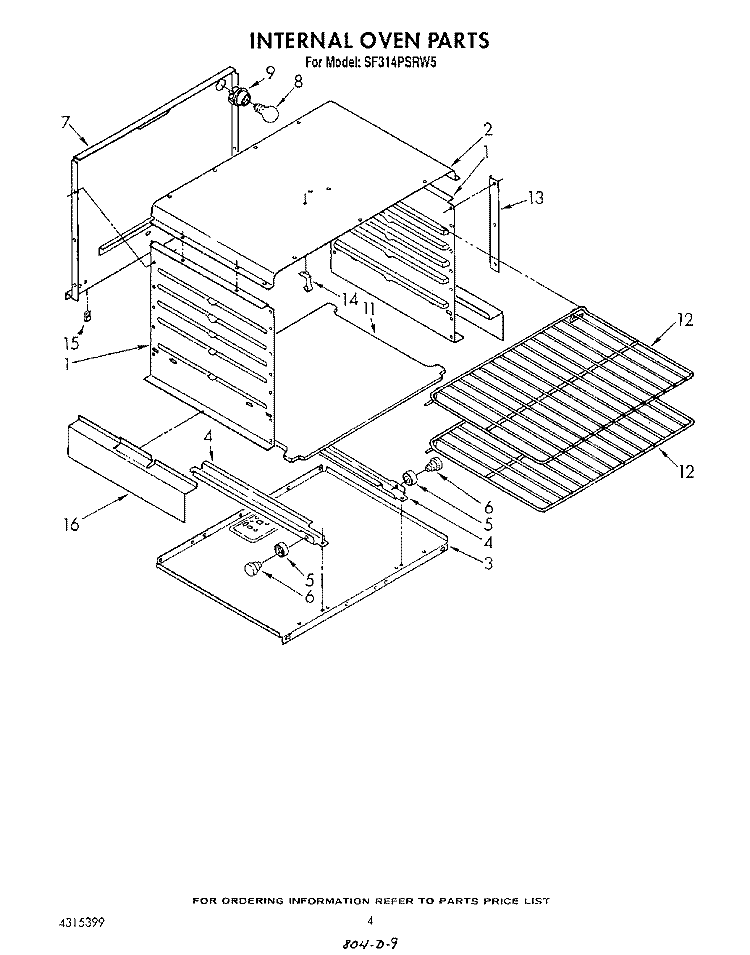 INTERNAL OVEN Diagram and Parts List for SF314PSRW5  Whirlpool Range