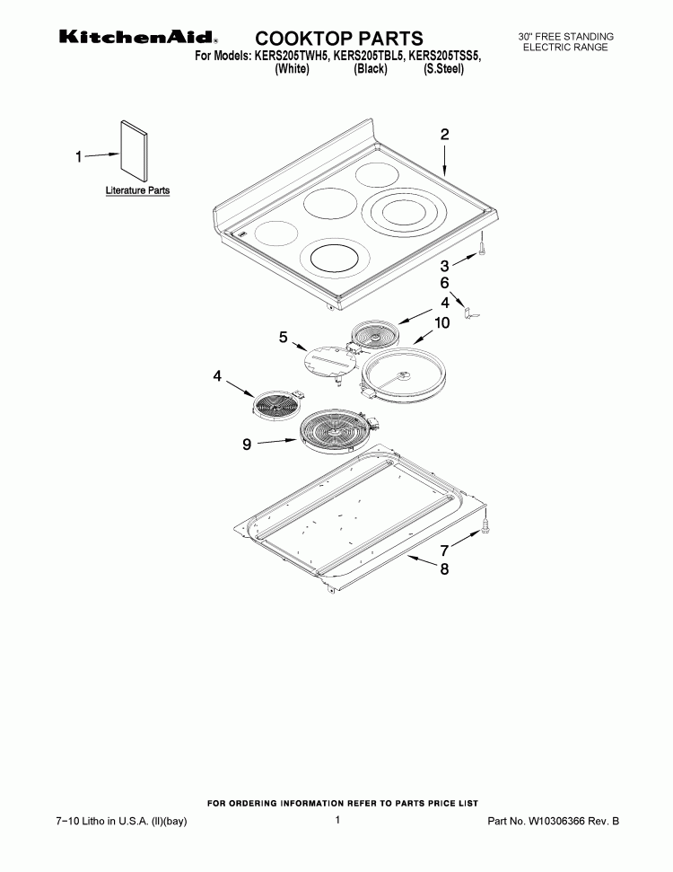 COOKTOP PARTS Diagram and Parts List for KERS205TBL5  KitchenAid Range