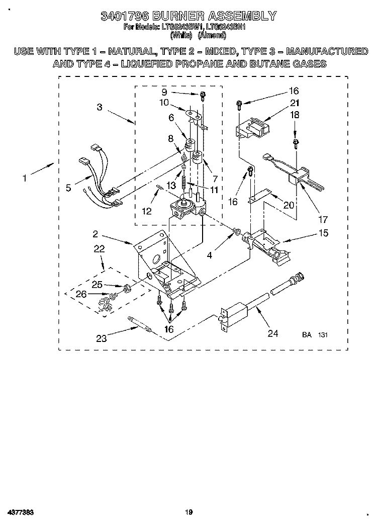 3401796 BURNER ASSEMBLY Diagram and Parts List for LTG5243BW1  Whirlpool Washer Dryer Combo