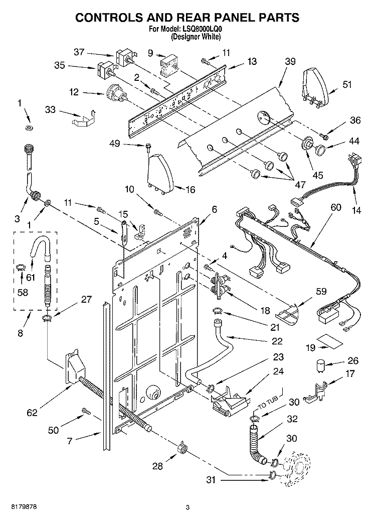 CONTROLS AND REAR PANEL Diagram and Parts List for LSQ8000LQ0  Whirlpool Washer