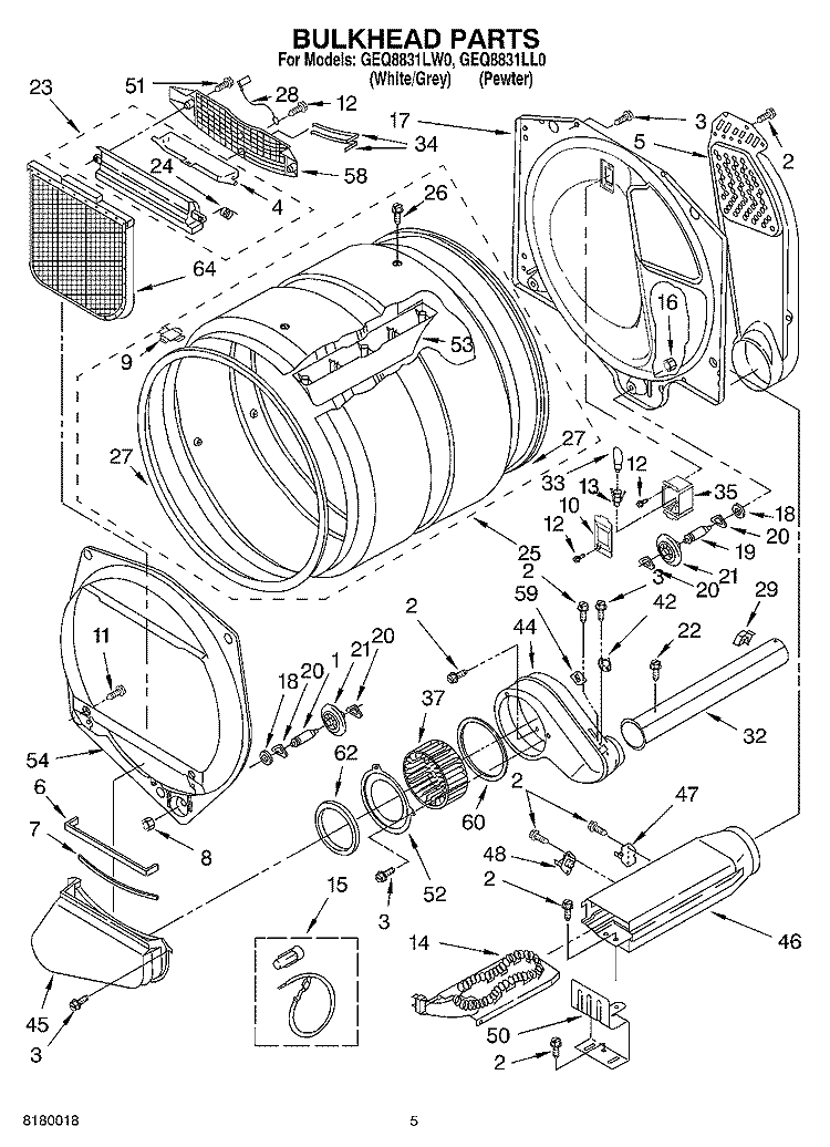 BULKHEAD PARTS Diagram and Parts List for GEQ8831LL0  Whirlpool Dryer