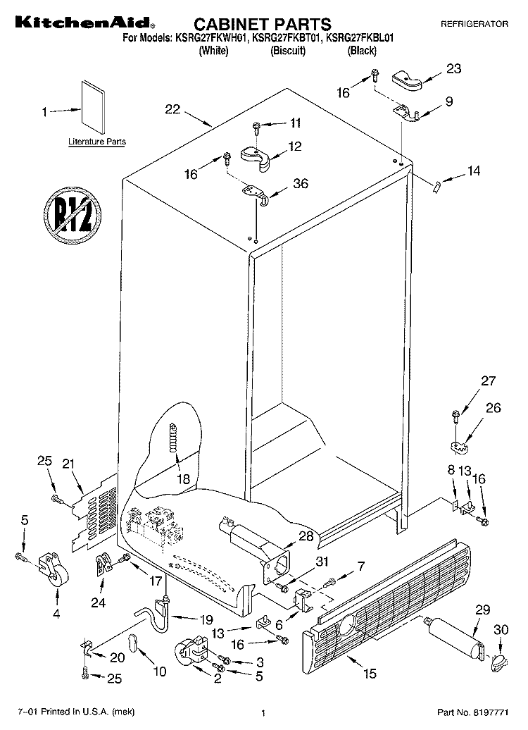 CABINET, LITERATURE Diagram and Parts List for KSRG27FKBT01  KitchenAid Refrigerator