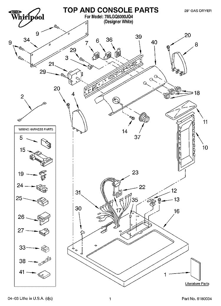 TOP AND CONSOLE PARTS Diagram and Parts List for 7MLGQ8000JQ4  Whirlpool Dryer