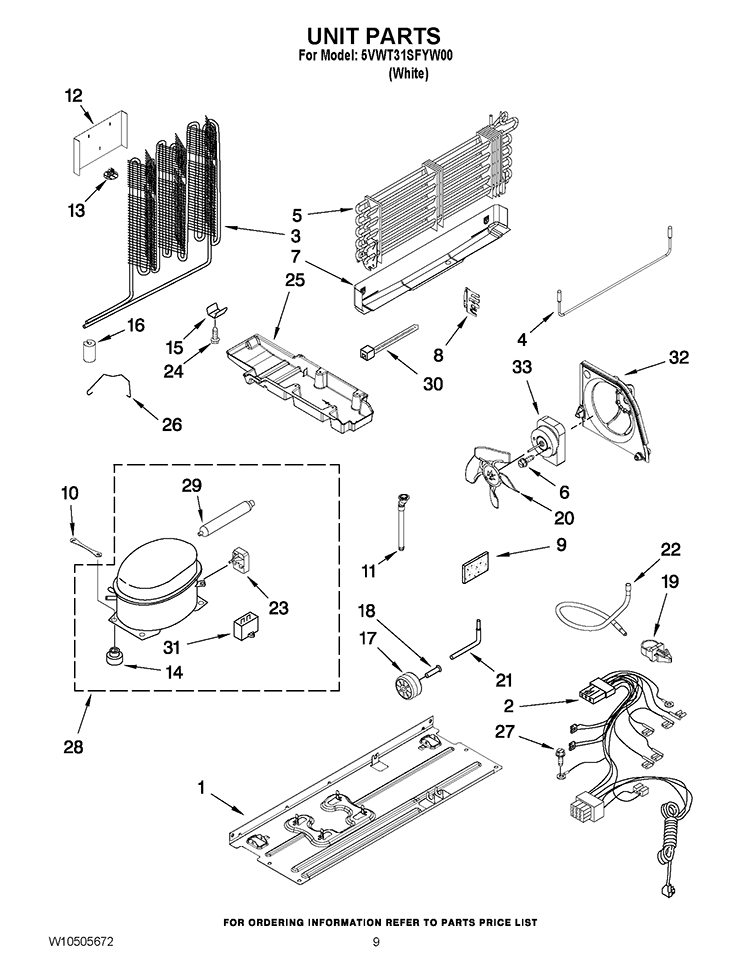 UNIT PARTS Diagram and Parts List for 5VWT31SFYW00  Whirlpool Refrigerator