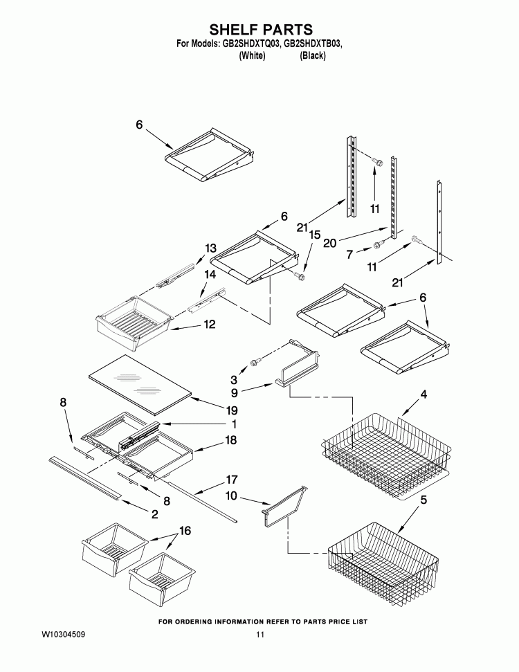 SHELF PARTS Diagram and Parts List for GB2SHDXTQ03  Whirlpool Refrigerator