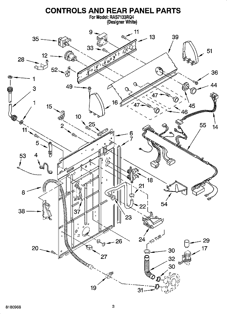CONTROLS AND REAR PANEL PARTS Diagram and Parts List for RAS7133RQ4  Roper Washer