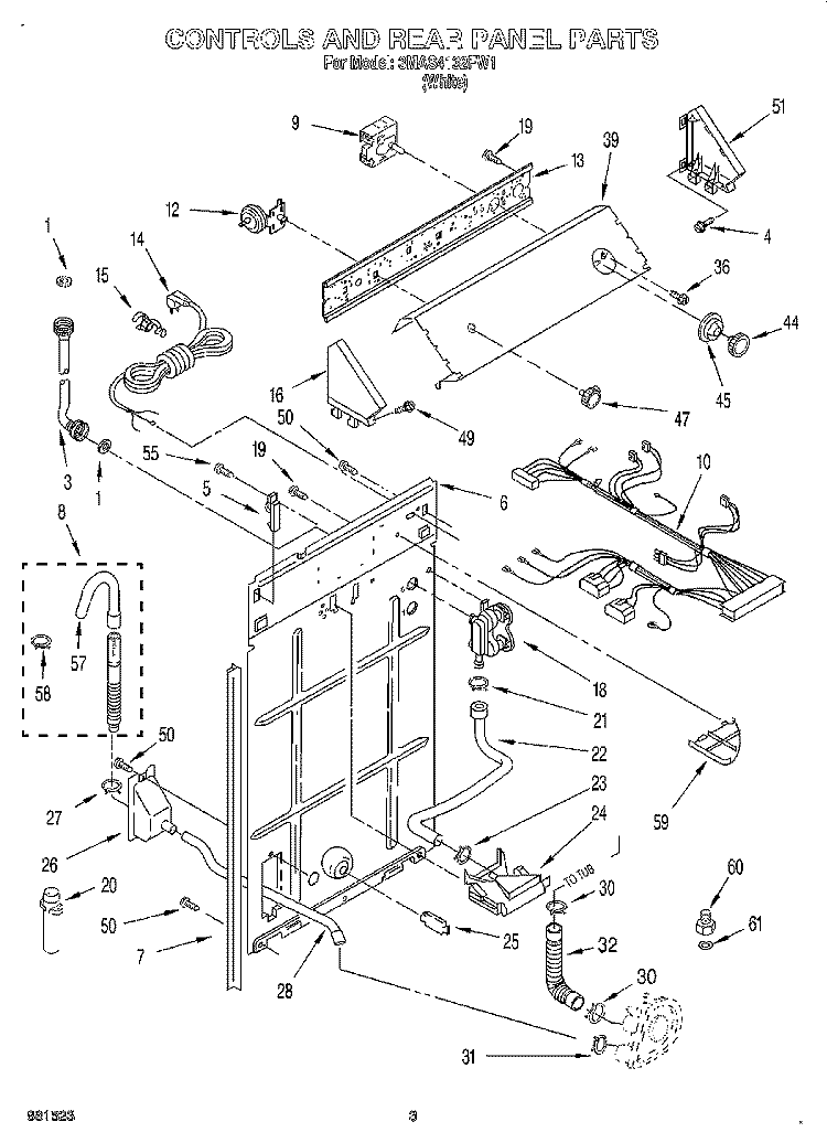 CONTROLS AND REAR PANEL Diagram and Parts List for 3MAS4132FW1  Whirlpool Washer