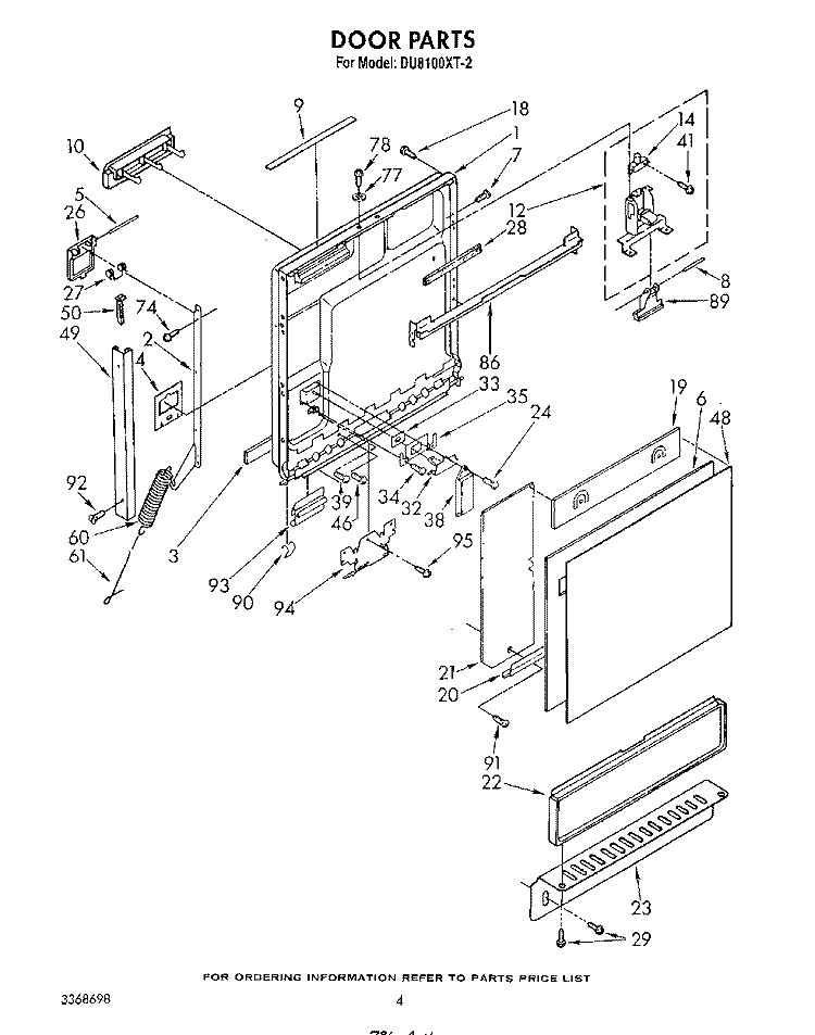 DOOR Diagram and Parts List for DU8100XT2  Whirlpool Dishwasher