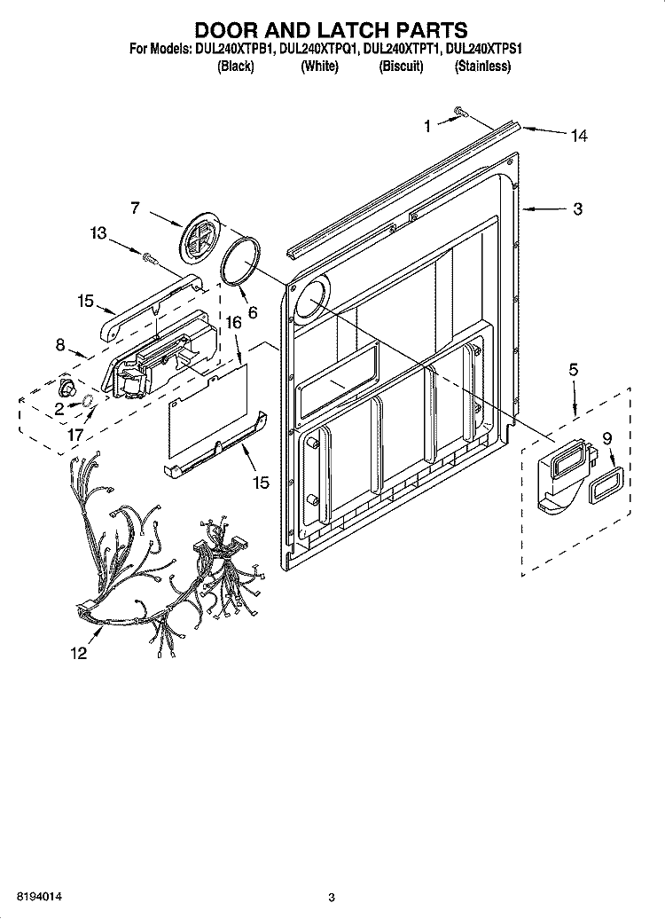 DOOR AND LATCH PARTS Diagram and Parts List for DUL240XTPT1  Whirlpool Dishwasher
