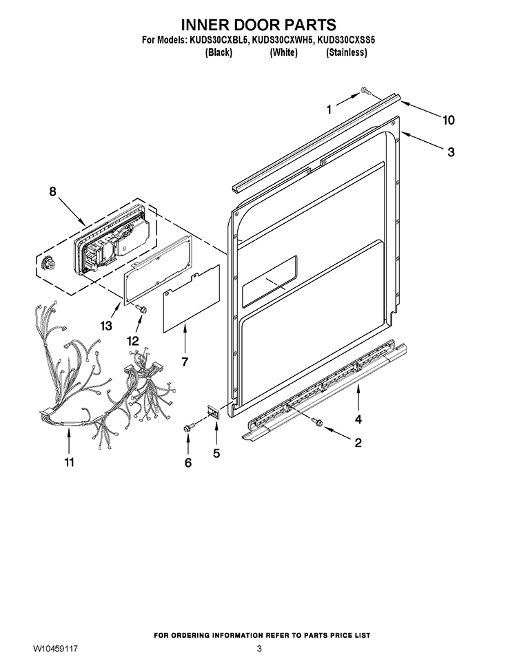 INNER DOOR PARTS Diagram and Parts List for KUDS30CXBL5  KitchenAid Dishwasher